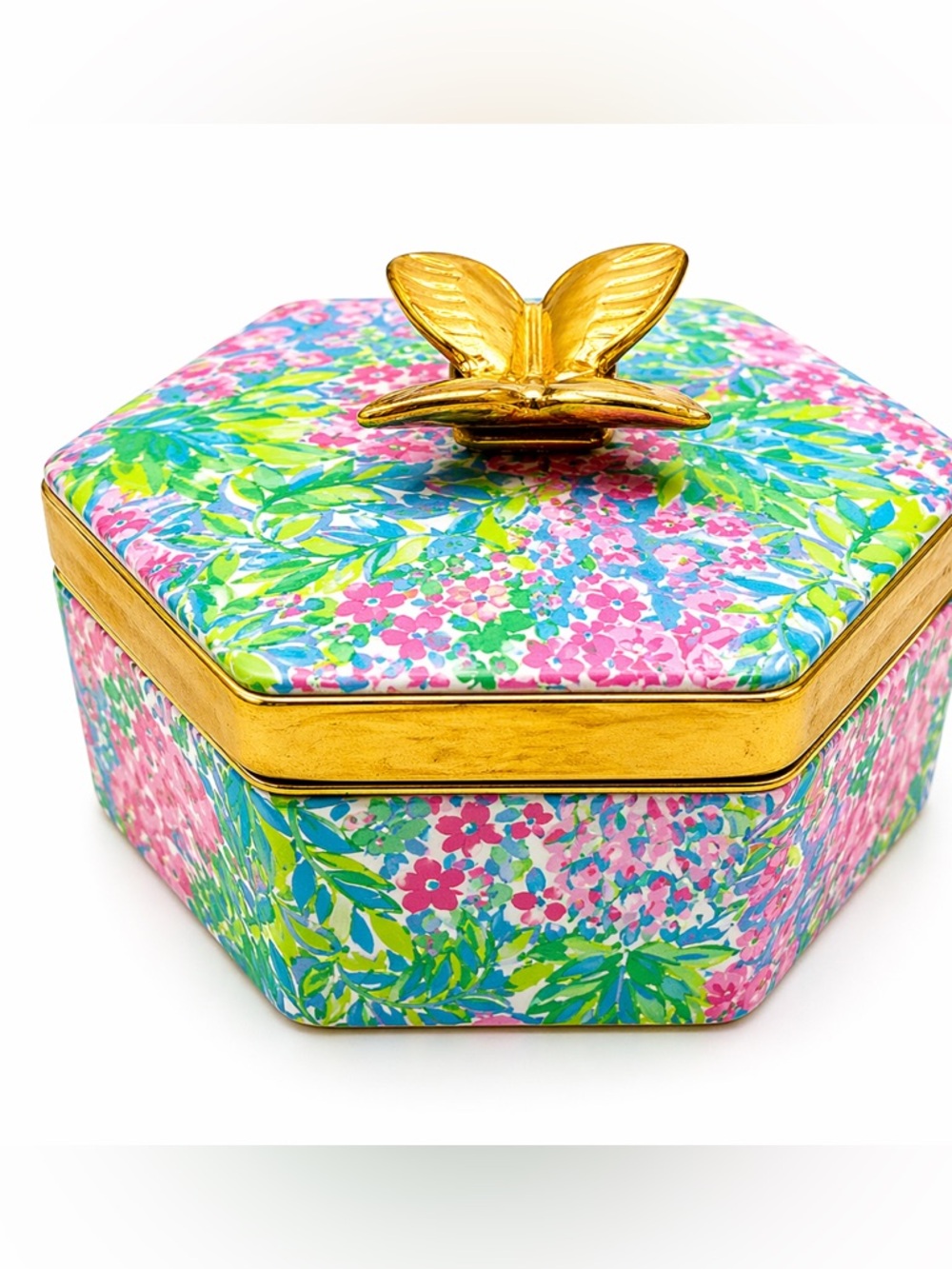 SOLD Lilly Pulitzer Trinket Box Gold Butterfly Lid Floral Jewelry Box